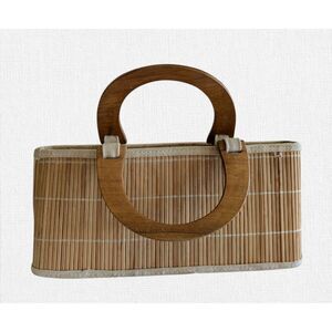 Vintage Bamboo Wicker Box Purse Wood Handles Cottagecore Boho Handbag